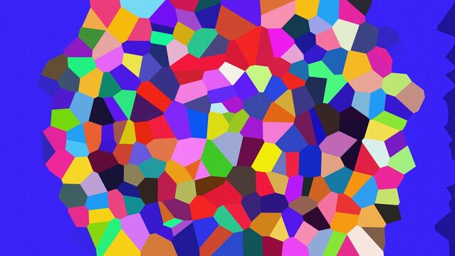 Bold kaleidoscopic mosaic arrangement with bright multicolored polygons on a saturated cobalt blue digital surface design layout