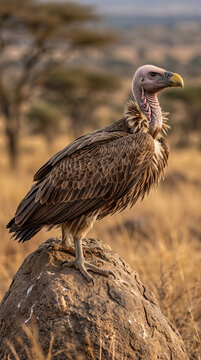 Ruppell's griffon vulture (Gyps rueppellii) perched on a rock in African savannah