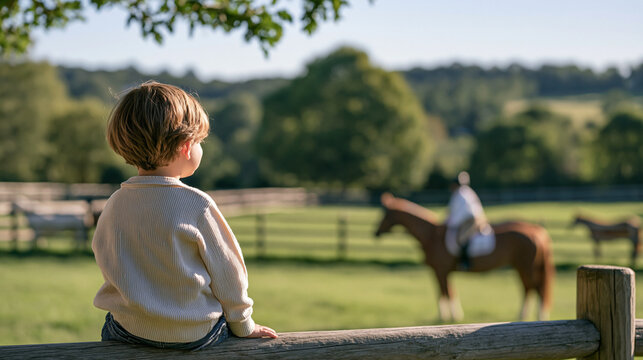 a child sits on a fence rail watching an equine therapy session in a sunlit meadow from a low perspective, a portion size visual guide card tucked into the therapy coordinator's