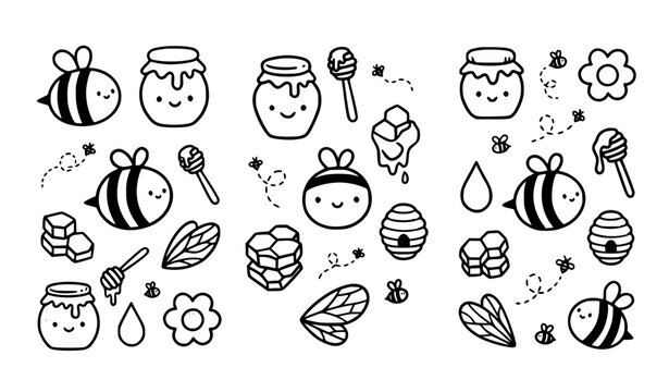 Cute Hand Drawn Honey and Bee Doodle Vector Set with Honey Pot Beehive and Honeycomb Icons