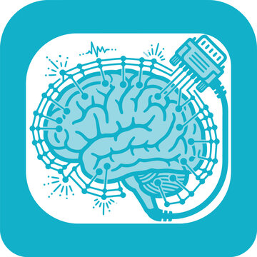 Human brain with electrodes, connected to vga plug, showing neural activity.