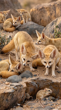 Family of Fennec Foxes (Vulpes zerda) in the desert looking at a jerboa