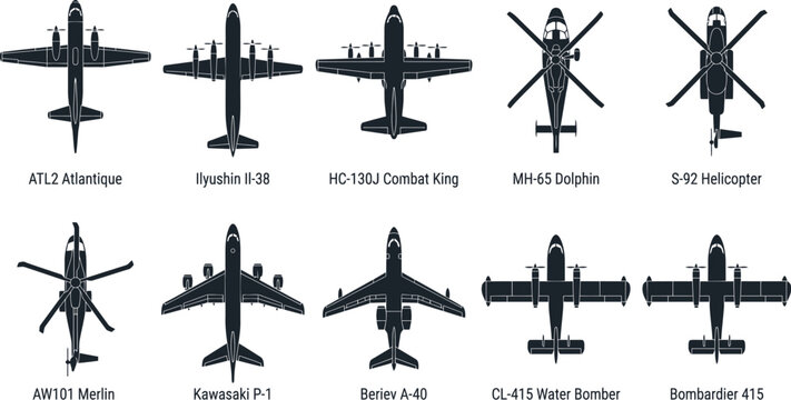 Maritime Patrol and Amphibious Aircraft Icon Set | Atlantique, Il-38, HC-130J, Beriev A-40, CL-415 | Airplane Vector Silhouette