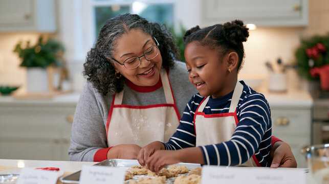 A child and grandparent in a warmly lit home kitchen decorating baked goods at a small scout fundraiser table, the intergenerational baking session filled with flour-dusted aprons