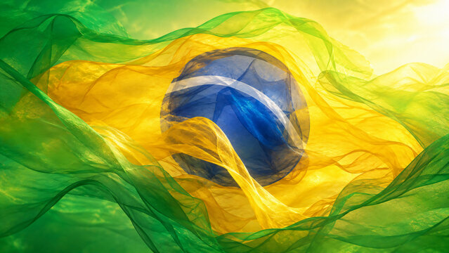 Colorful abstract fabric mimicking the Brazilian flag in motion.