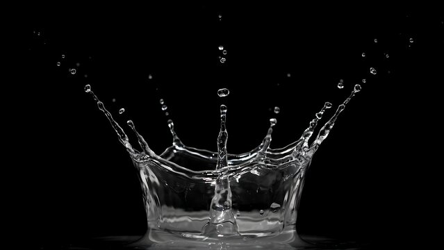 A speed of a water drop hitting a dark surface creating a crown splash on black background, liquid