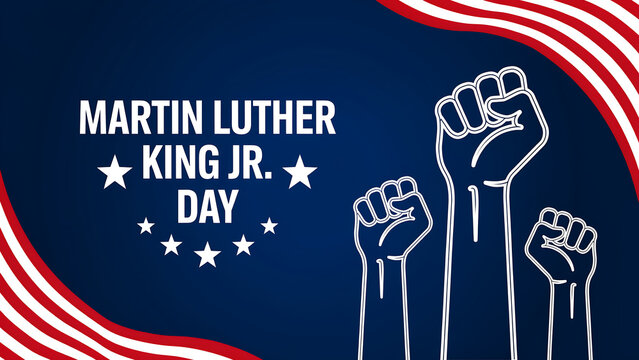 Martin luther king jr. day with white raised fists, stars, and american flag border on a deep blue background, for civil rights event