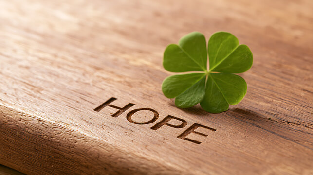 Fresh green four leaf clover Marsilea quadrifolia plant resting beside the word hope carved into a rustic wooden surface for positive luck symbol