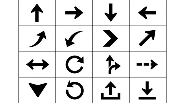 A collection of various black arrow icons isolated on a white background representing different directions and navigation symbols for digital design and interface