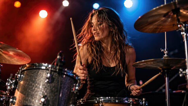 Energetic female drummer playing a drum kit onstage under red and blue concert lights