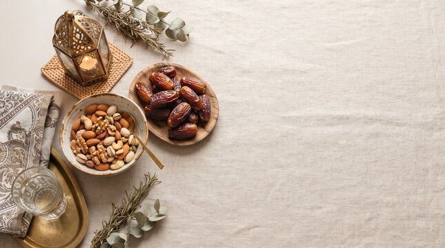 Iftar flat lay with dates nuts lantern and tea pot on beige linen cloth, Ramadan food scene with copy space for menu, ads, invites, and cards.