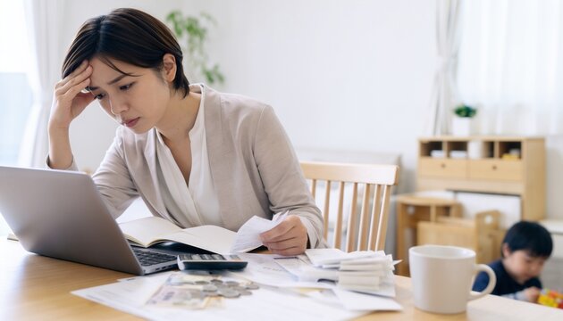 育児中に家計書類とノートパソコンを確認する悩む母親