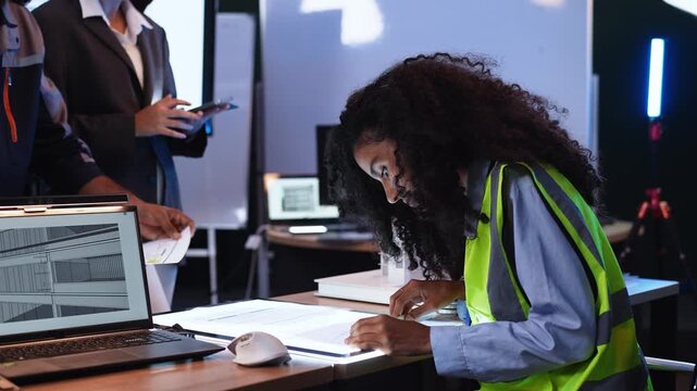 Focused female engineer wearing safety vest reviewing architectural blueprint document at desk with laptop computer and drafting table during technical construction project review