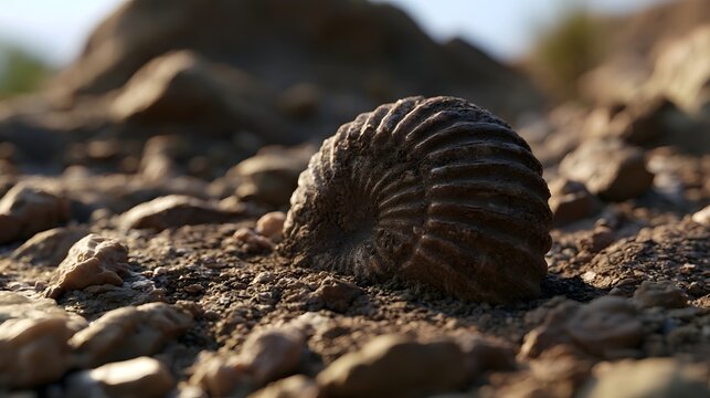 A detailed fossil shell rests on rocky terrain under warm sunlight  showcasing natural geological textures and earthy tones