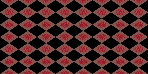 Geometric black and mauve-pink diamond checkerboard pattern. A red floral motif is centered within each lighter diamond. Vintage-style textile design with repeating units. Suitable for wallpaper or fa © Mr. Han Han