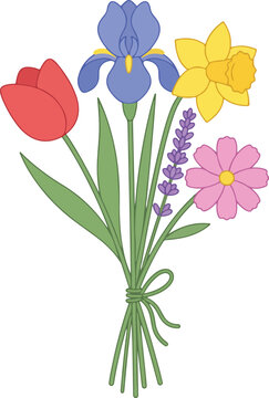 Colorful spring flower bouquet with tulips iris daffodil lavender and daisy blossoms