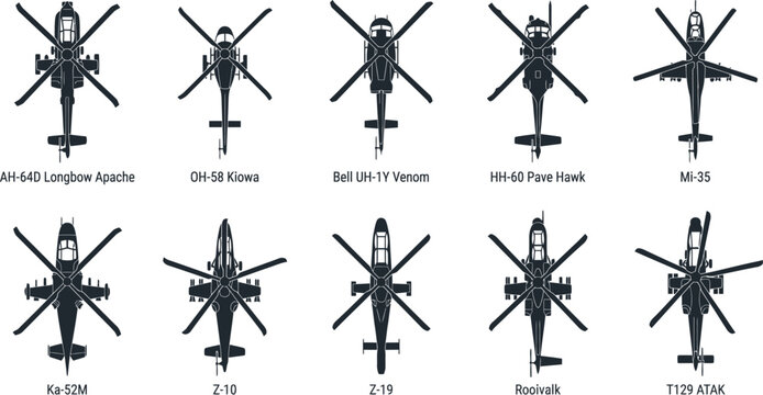 Military Attack and Utility Helicopter Icon Set | Apache, Kiowa, Venom, Pave Hawk, Mi-35, Ka-52M | Rotorcraft Vector Silhouette