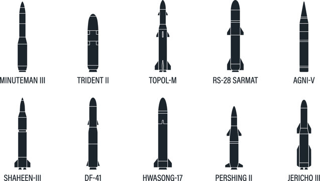 Strategic Ballistic Missile Icon Set | Minuteman III, Trident II, Topol-M, Sarmat, Agni, DF-41 | ICBM Rocket Vector Silhouette