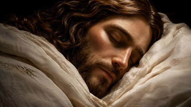 Closeup portrait of a man with long hair and a beard sleeping peacefully wrapped in white linen fabric