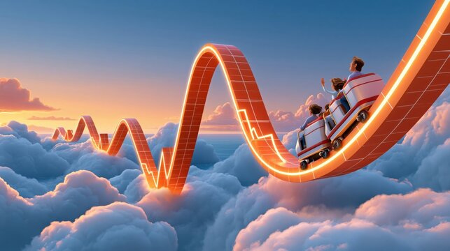 Glowing rollercoaster track shaped like stock market chart soaring above clouds at sunset
