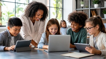 Fototapeta na wymiar Teacher guiding diverse elementary students using a laptop and tablets in a bright modern classroom, smiling and collaborating on digital learning