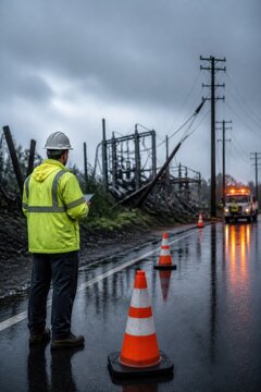 Utility Worker Assessing Damage to Power Substation After Storm