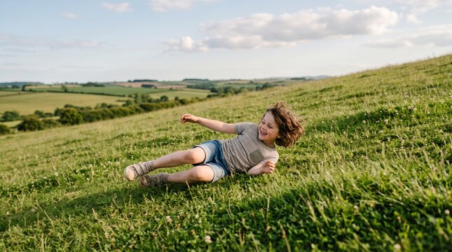 Joyful young boy rolling down a grassy hill on a sunny day in the countryside
