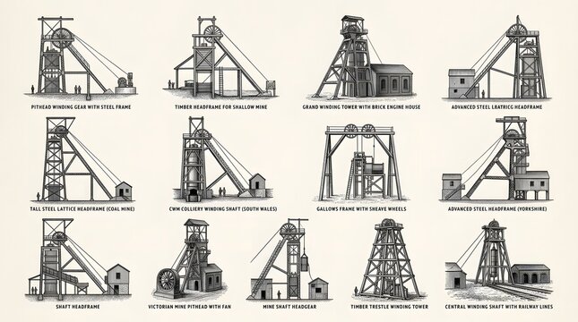 A detailed vintage illustration showing various types of historical mining headframes and industrial winding towers used for extracting minerals from deep underground shafts
