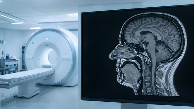 Deviated nasal septum radiology CT scan of nasal cavity and sinuses in a clinical imaging room, realistic diagnostic medical image for healthcare, radiology training, medical and patient education