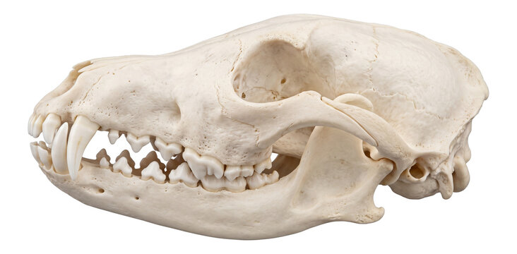 side profile of a clean white red fox animal skull with sharp canine teeth on a transparent background