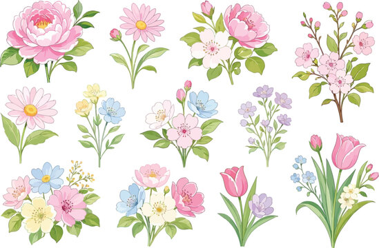 Set of cute hand drawn pink flower bouquets and floral elements for spring designs