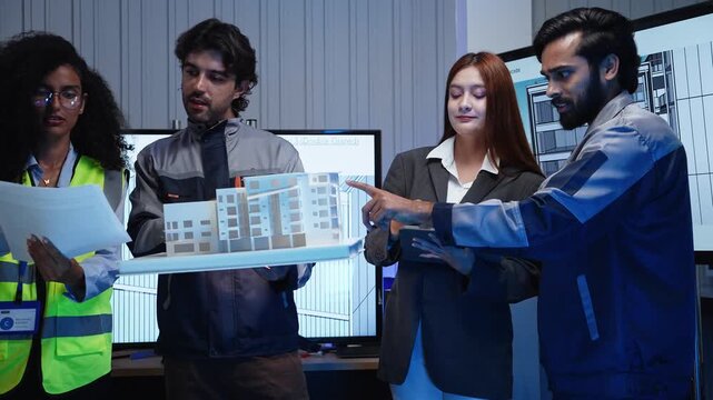Multiethnic architectural team holding white 3D building model while discussing structural design details with digital tablet during construction project planning meeting in office