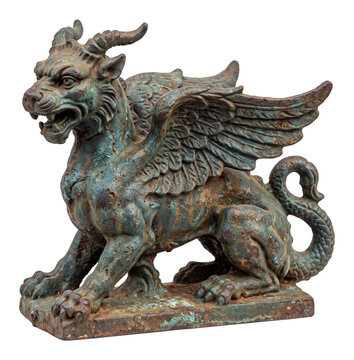 weather beaten bronze winged rooftop chimera gargoyle statue on a transparent background