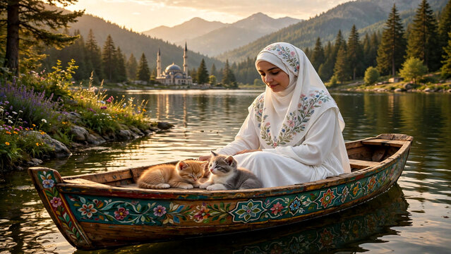Muslim woman in floral hijab and white abaya with kittens in colorful boat on mountain lake