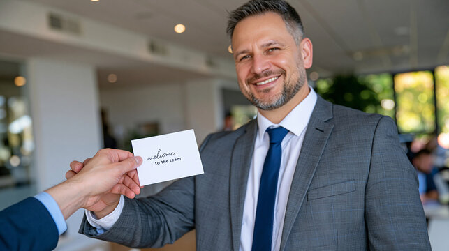 Senior businessman welcoming a new employee by holding a simple card reading welcome to the team, card and hands in precise focus, face intentionally excluded from the frame, bright spacious corpora