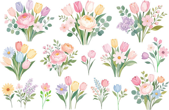 Set of colorful floral bouquets with delicate spring flowers and green leaves vector