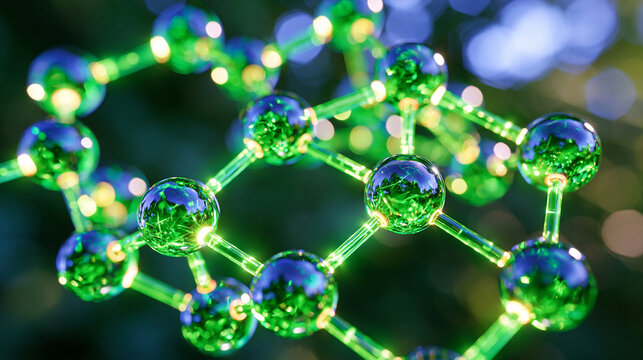 Vibrant emerald abstract illustration of a molecular hybrid structure representing a machine learning neural network, glowing interconnected nodes and luminous pathways forming a complex scientific 