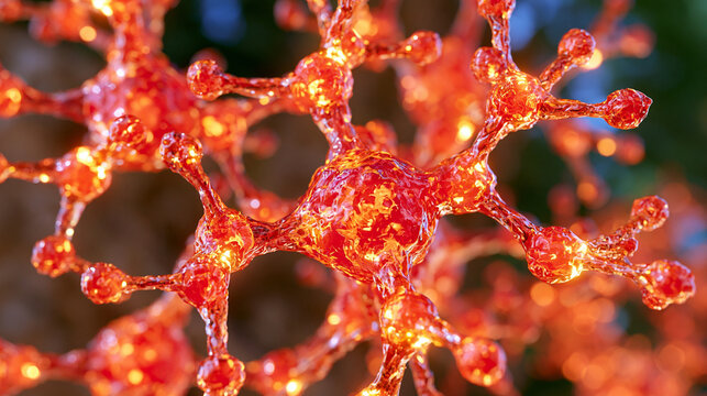 Vivid red and orange abstract molecular hybrid network representing deep learning architecture, glowing spherical nodes connected by branching pathways like biological neurons, complex molecular geo