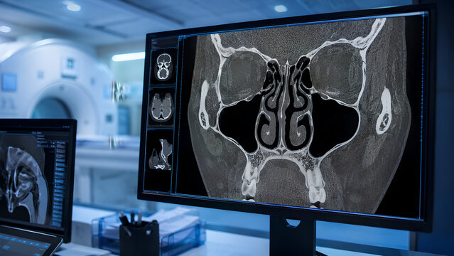Deviated nasal septum radiology CT scan of nasal cavity and sinuses in a clinical imaging room, realistic diagnostic medical image for healthcare, radiology training, medical and patient education