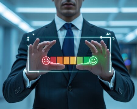 A Professional Businessman Interacting With A Digital Customer Satisfaction Rating Scale Interface