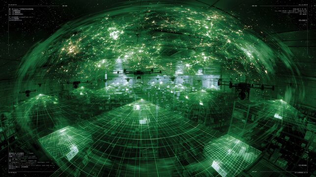 Fisheye security camera view of warehouse with green grid overlay and floating data points