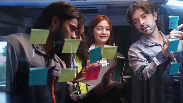Multiracial engineering team sticking colorful adhesive note paper on glass wall while brainstorming strategy and reviewing blueprint document in corporate office meeting room