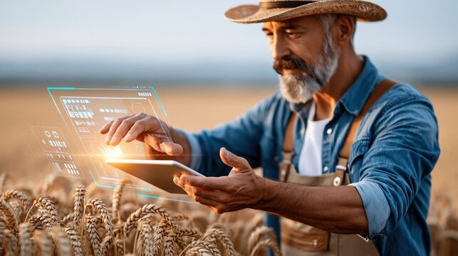Farmer using tablet with holographic data overlay in wheat field
