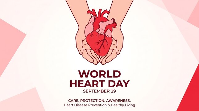 World Heart Day banner with anatomical heart in hands, medical awareness poster for September 29, cardiovascular health and disease prevention