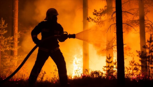 Silhouette of a brave firefighter spraying water from a hose to suppress a dangerous wildfire burning through a pine forest with intense orange flames and smoke at night