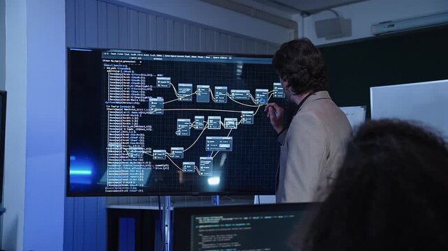 Software developer team analyzing digital code node flowchart on big screen display while lead engineer presents system architecture during tech development office meeting
