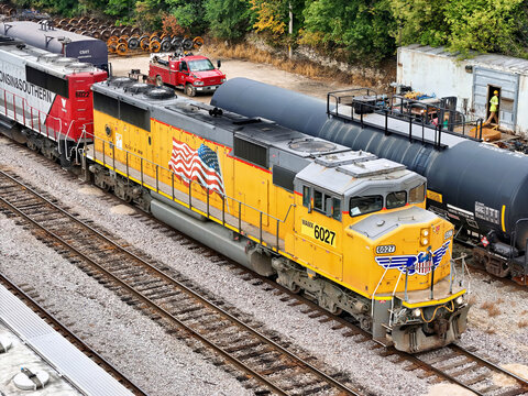 Janesville, Wisconsin September 1, 2026 Union Pacific 6027 Diesel Locomotive in Rail Yard