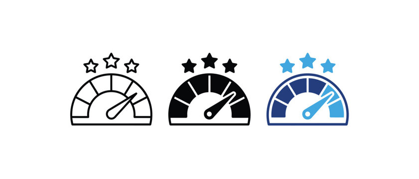 Performance speedometer with stars icon, high efficiency rating symbol, top score gauge sign, excellent productivity meter graphic. Vector illustration
