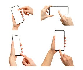 Obraz premium Take photo smartphone in hand mockup set isolated on transparent background. Cell phone picture