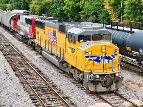 Janesville, Wisconsin September 1, 2026 Union Pacific 6027 Diesel Locomotive in Rail Yard